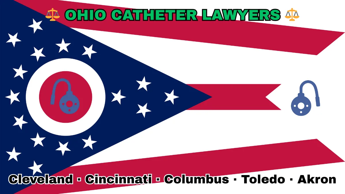 OHIO CATHETER LAWYERS: Cleveland, Cincinnati, Columbus, Toledo, and Akron text on OH state flag adorned with port implants depicted near a triangular swallowtail with red, white, and blue stripes and stars.