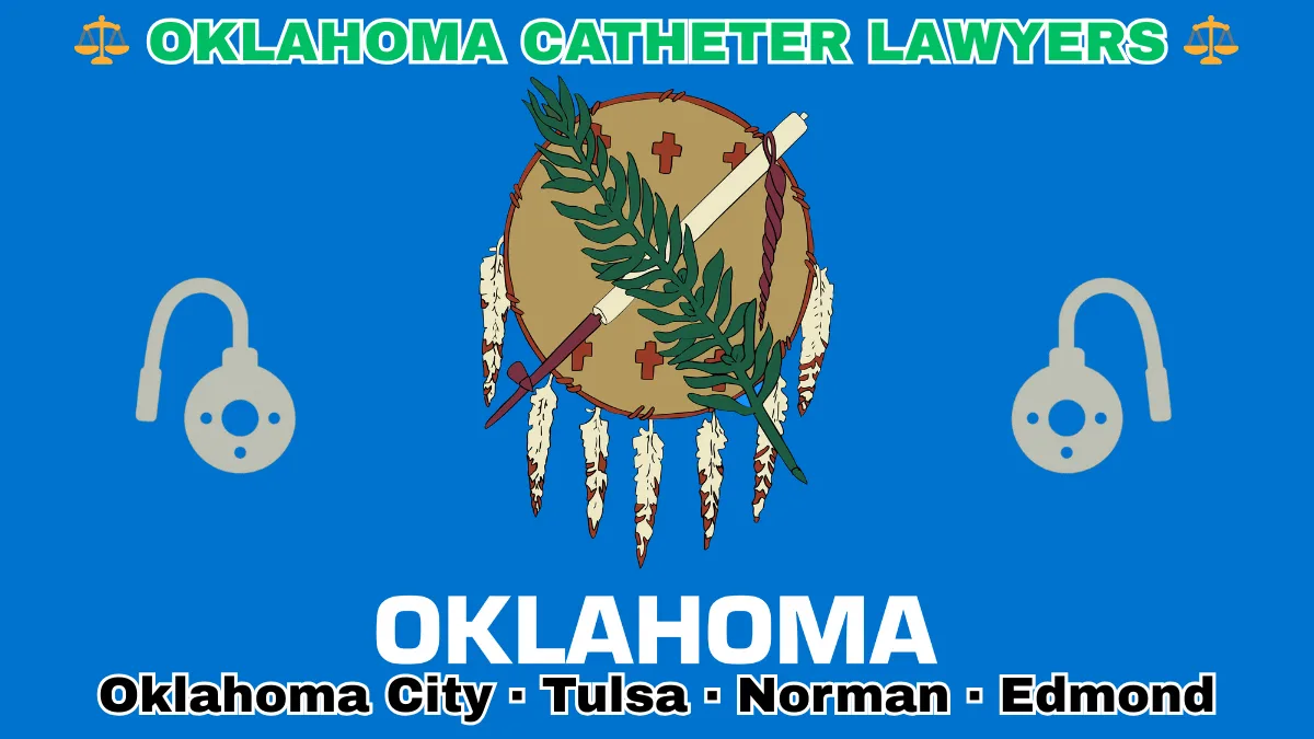 OKLAHOMA CATHETER LAWYERS: Oklahoma City, Tulsa, Norman, and Edmond text on OK state flag adorned with port implants depicted on a sky blue field near an Osage shield featuring an olive branch and peace pipe