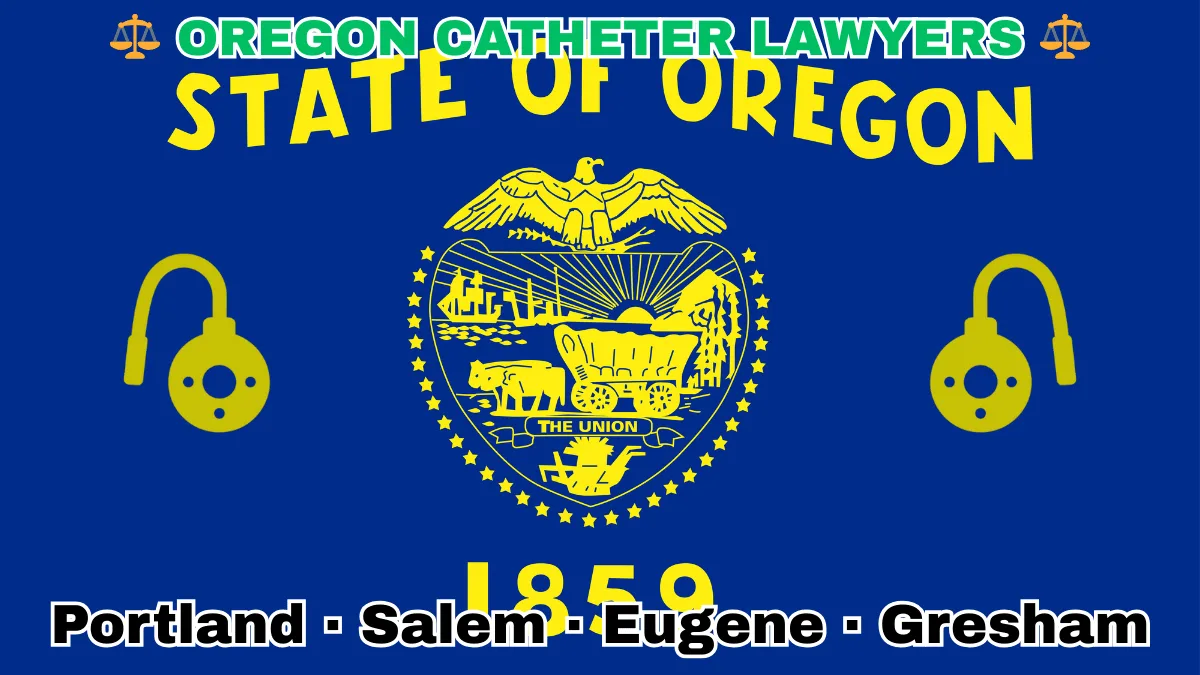 OREGON CATHETER LAWYERS: Portland, Salem, Eugene, and Gresham text on OR state flag adorned with port implants depicted on a blue field near a gold seal featuring a covered wagon, an eagle, mountains, and a setting sun, with the year 1859 below.