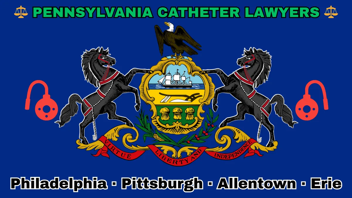 PENNSYLVANIA CATHETER LAWYERS: Philadelphia, Pittsburgh, Allentown, and Erie text on PA state flag adorned with port implants depicted near horses and an eagle flanking a shield featuring a ship, plow, and sheaves of wheat.