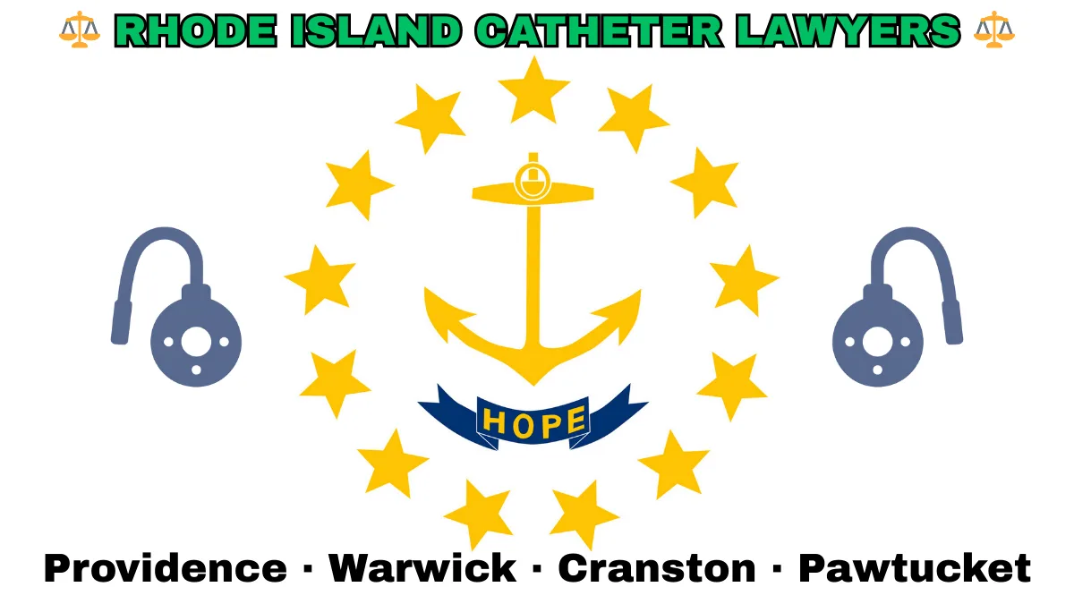 RHODE ISLAND CATHETER LAWYERS: Providence, Warwick, Cranston, and Pawtucket text on RI state flag adorned with port implants depicted on a white background near an anchor, gold stars, and “HOPE” motto