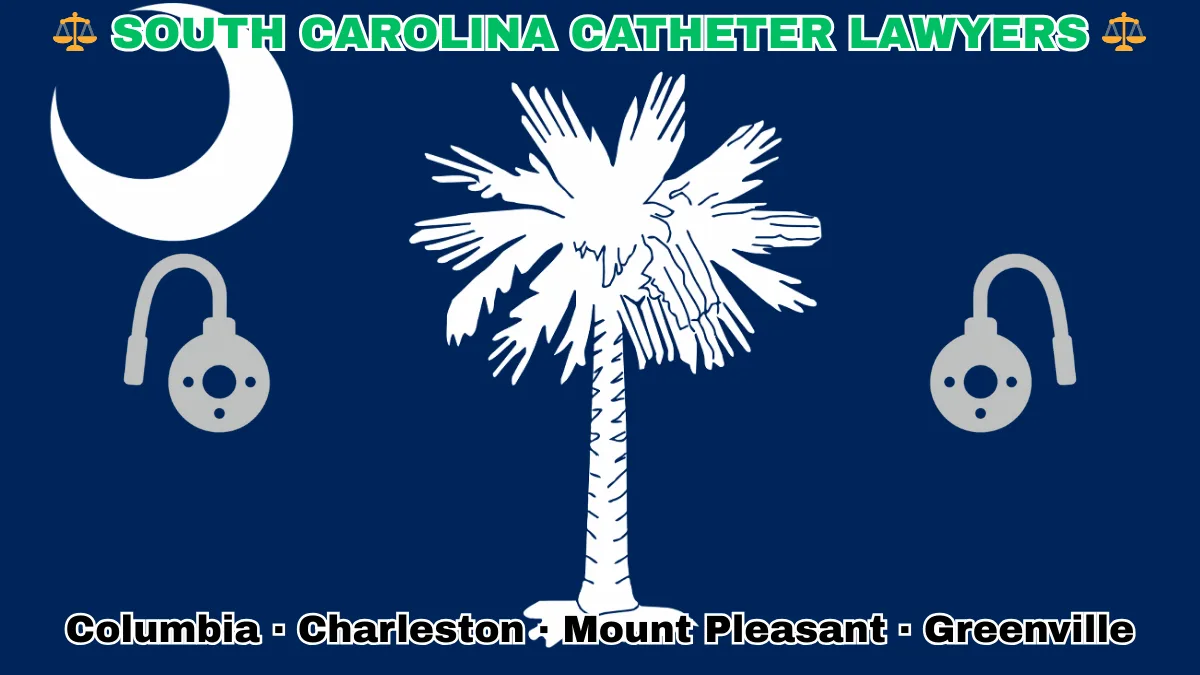 SOUTH CAROLINA CATHETER LAWYERS: Columbia, Charleston, Mount Pleasant, and Greenville text on SC state flag adorned with port implants depicted on a blue field near a white palmetto tree and crescent moon