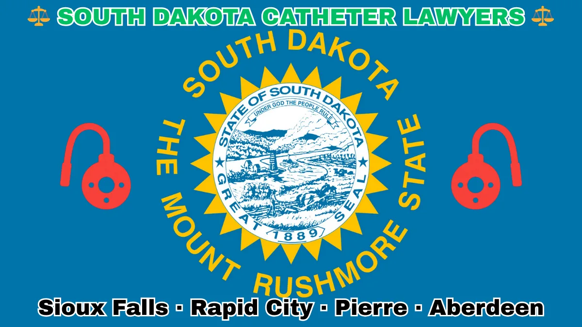SOUTH DAKOTA CATHETER LAWYERS: Sioux Falls, Rapid City, Pierre, and Aberdeen text on SD state flag adorned with port implants depicted on a blue field near the official seal and words "THE MOUNT RUSHMORE STATE"