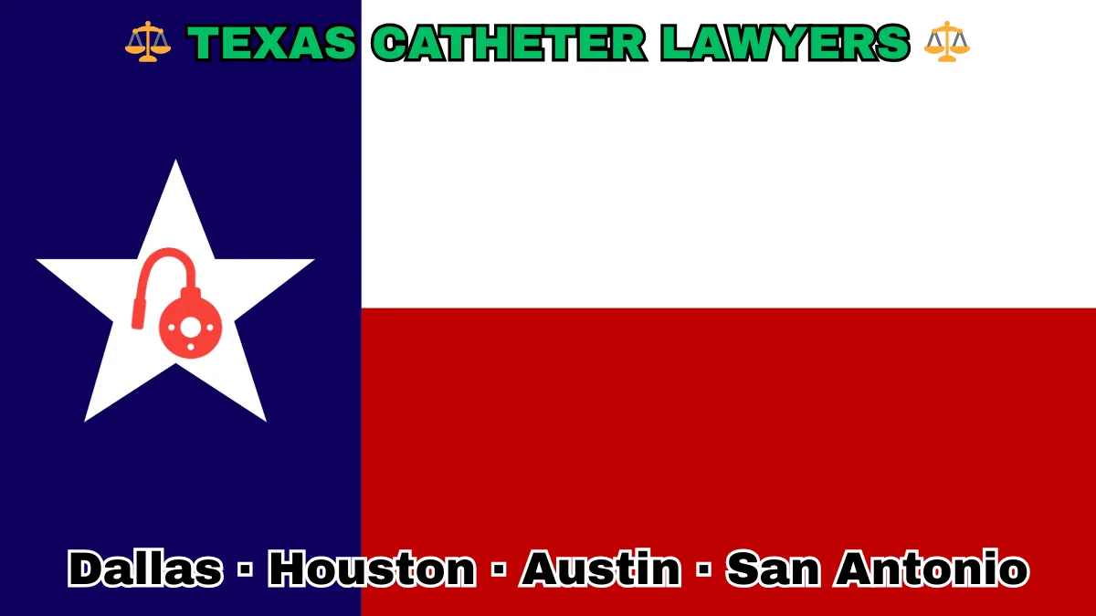 TEXAS CATHETER LAWYERS: Dallas, Houston, Austin, and San Antonio text on TX state flag adorned with a port implant depicted on a Lone Star near blue, red and white color blocks.