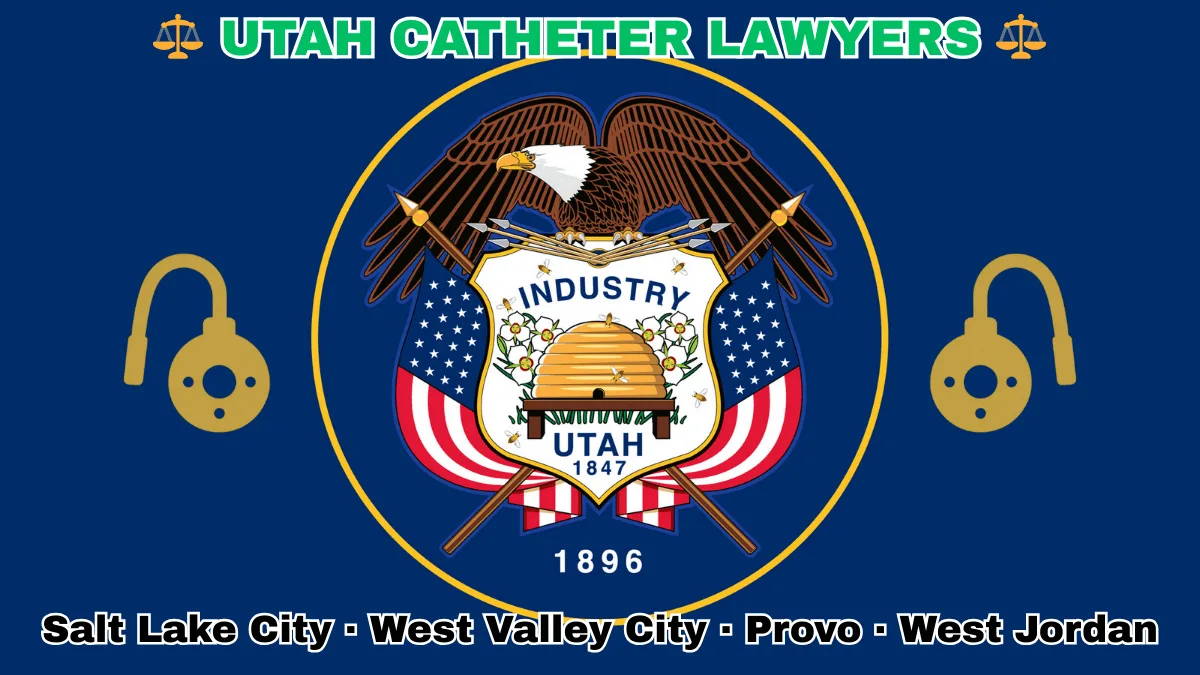 UTAH CATHETER LAWYERS: Salt Lake City, West Valley City, Provo, and West Jordan text on UT state flag adorned with port implants depicted on a blue field near a beehive, bald eagle, motto and date