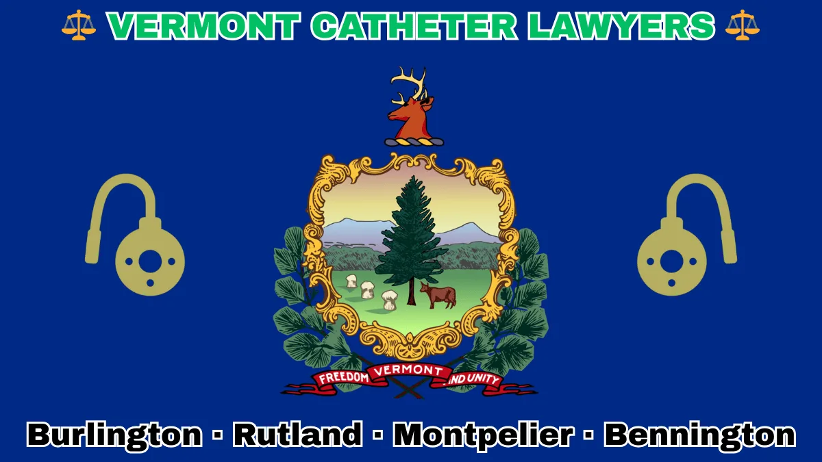 VERMONT CATHETER LAWYERS: Burlington, Rutland, Montpelier, and Bennington text on VT state flag adorned with port implants depicted on a blue field near the official coat of arms featuring a pine tree and cow