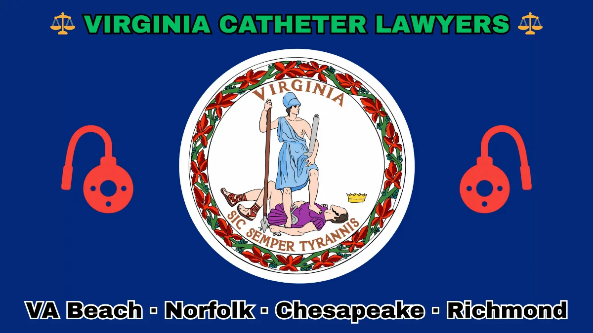 VIRGINIA CATHETER LAWYERS: VA Beach, Norfolk, Chesapeake, and Richmond text on VA state flag adorned with port implants depicted near Virtus defeating Tyranny with a spear and sword.