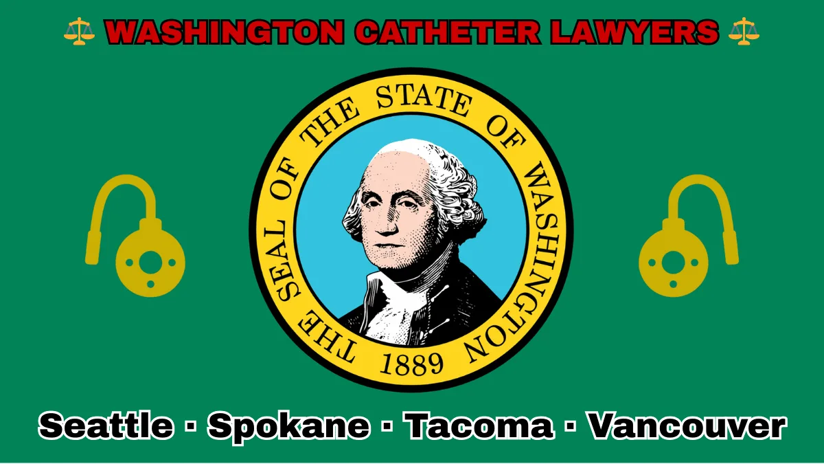 WASHINGTON CATHETER LAWYERS: Seattle, Spokane, Tacoma, and Vancouver text on WA state flag adorned with port implants depicted on a green background near the official SEAL featuring George Washington.