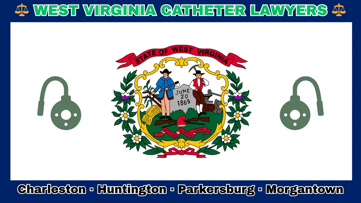 WEST VIRGINIA CATHETER LAWYERS: Charleston, Huntington, Parkersburg, and Morgantown text on WV state flag adorned with port implants depicted on a white field with blue border near the official seal encircled by rhododendrons
