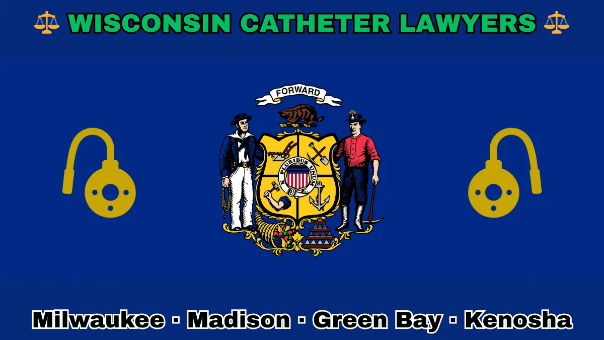 WISCONSIN CATHETER LAWYERS: Milwaukee, Madison, Green Bay, and Kenosha text on WI state flag adorned with port implants depicted near a sailor and miner flanking a shield featuring agriculture, mining, manufacturing, and navigation, a badger above, and a cornucopia and lead ingot.