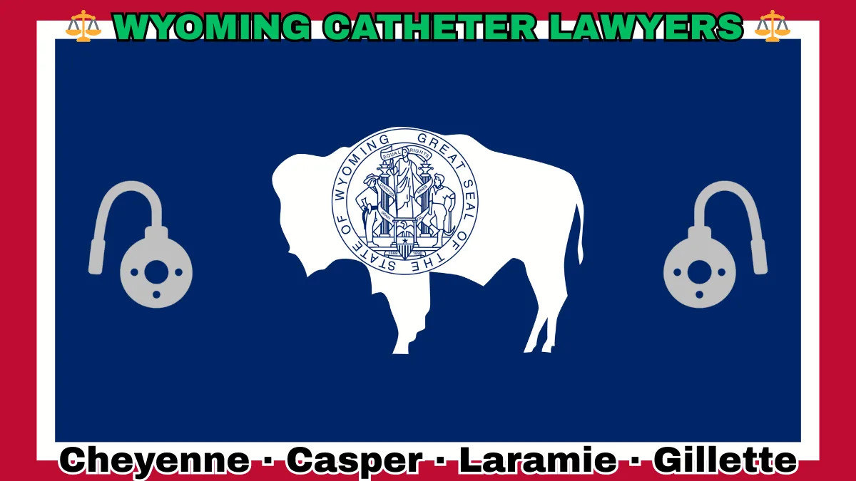 WYOMING CATHETER LAWYERS: Cheyenne, Casper, Laramie, and Gillette text on WY state flag adorned with port implants depicted on a blue field bordered in white and red near a white bison bearing the official seal.