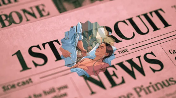 1st Circuit Catheter News headline featuring a port implant patient in a hospital bed