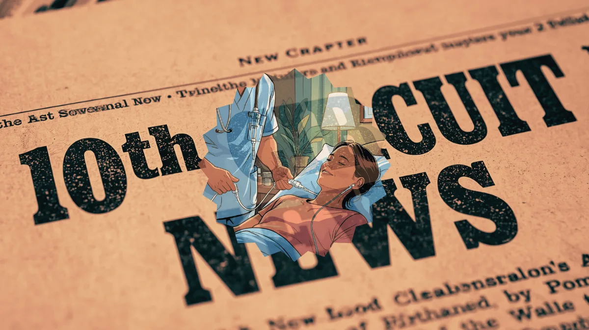 10th Circuit Catheter News headline featuring a port implant patient in a hospital bed