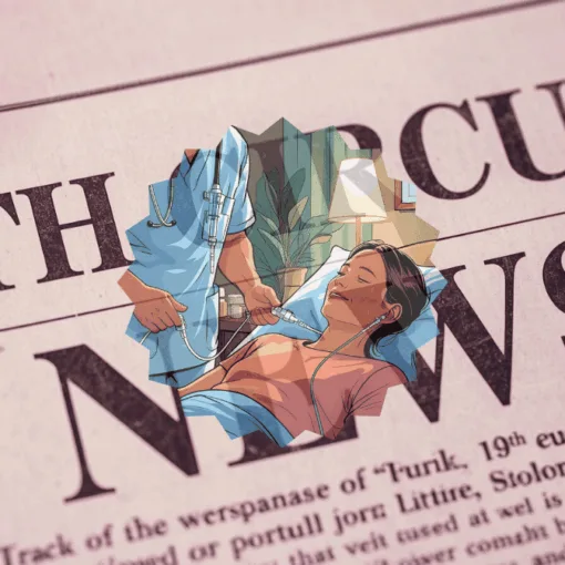 8th Circuit Catheter News headline featuring a port implant patient in a hospital bed
