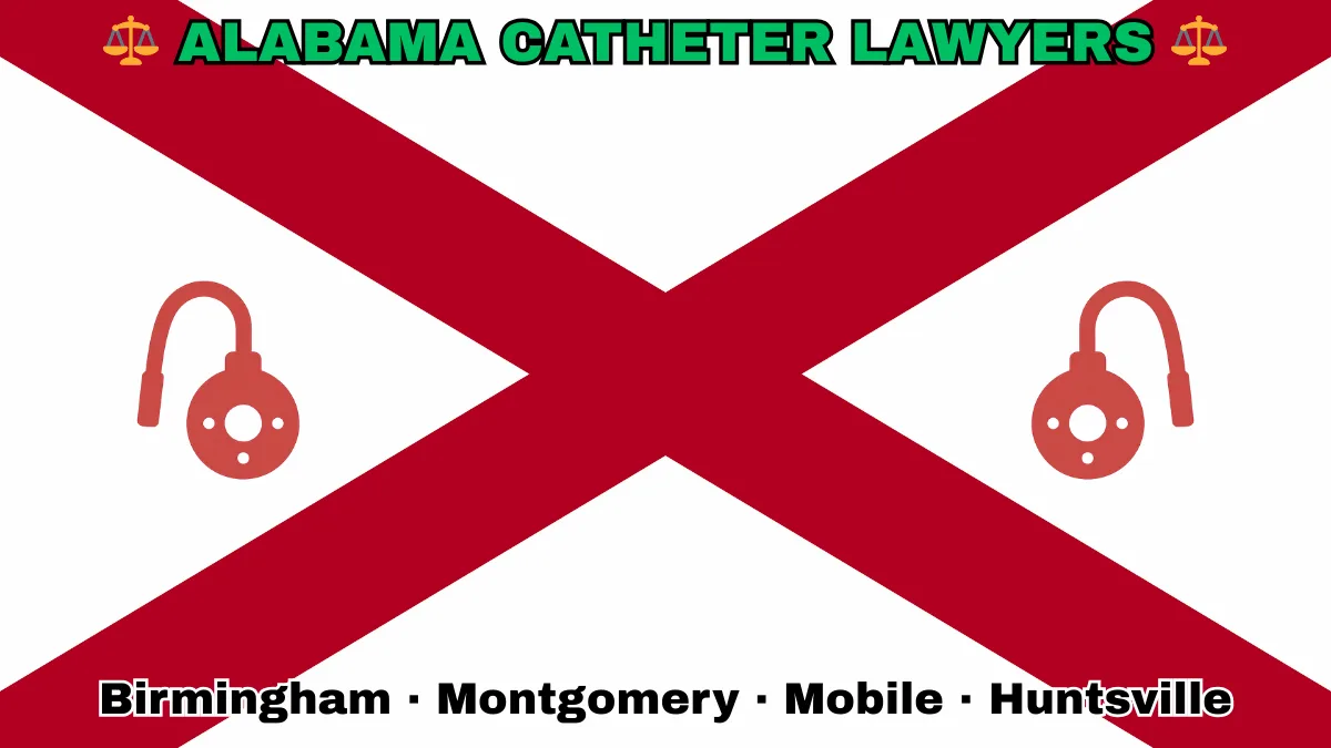 ALABAMA CATHETER LAWYERS: Birmingham, Montgomery, Mobile, and Huntsville text on AL state flag adorned with port implants depicted near a red St. Andrew's cross on a white background.